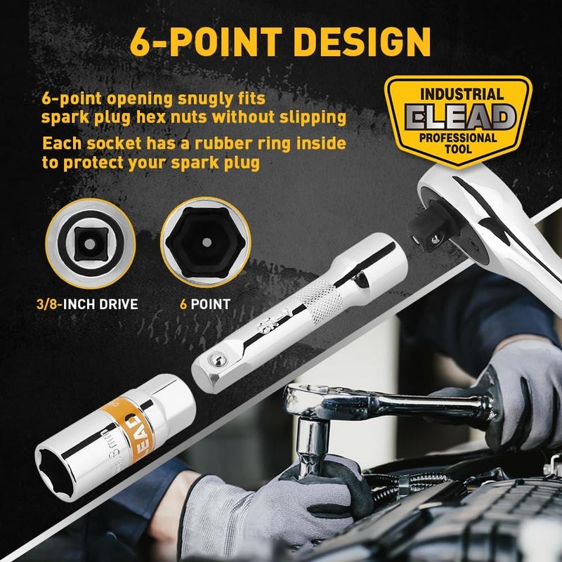 ELEAD 12-Piece 3/8" Drive Spark Plug Socket Set with Ratchet Handle, Universal Joint, Spark Plug Gapper & Extension Bar, 9/16", 5/8", 3/4", 13/16", 14mm, 18mm, CR-V Sockets with Rubber Holding Rings - Image 5